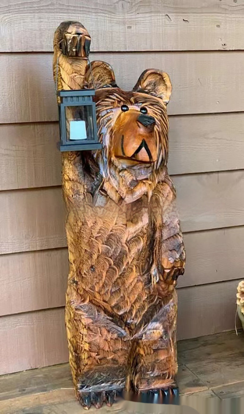 Bear Lamp Wood Carving Resin Garden Bear Decorations Manor Led Ornaments